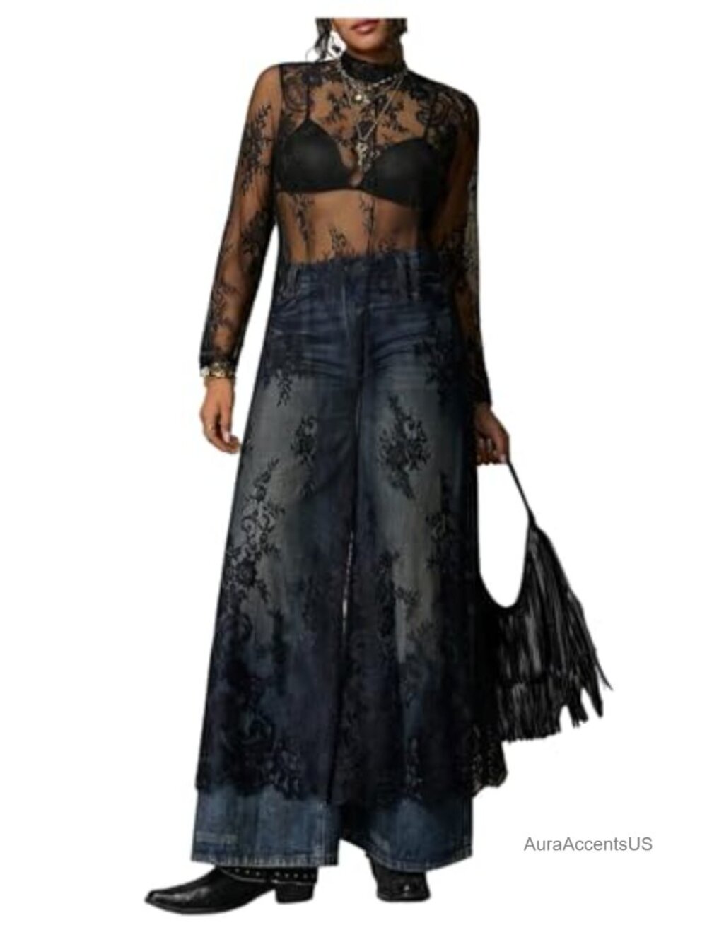 Plus Size Lace Maxi Dress Long Sleeve Sheer Mesh Mock Neck Party